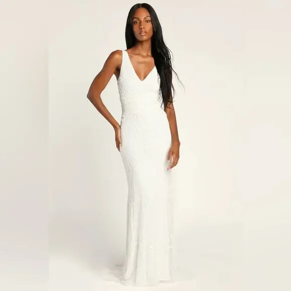 Lulus Simple Romance White Beaded Sequin Mermaid Maxi Dress NWOT Small - Picture 2 of 9